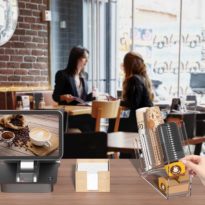 WINFFOR 3-Compartment Disposable Cup Holder - Cup and Lid Holder with Straw Organizer Clear Acrylic Cup Dispenser with Coffee Pod Storage for Coffee Station Bar Countertop Restaurant Breakroom