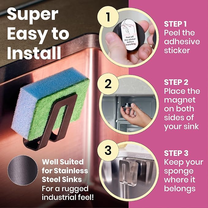 HAPPY SINKS Magnetic Sponge Holder - Kitchen Sink Organizer - Ideal for Kitchen Organization & Accessories - Sink Sponge Holder (Biocomposite)