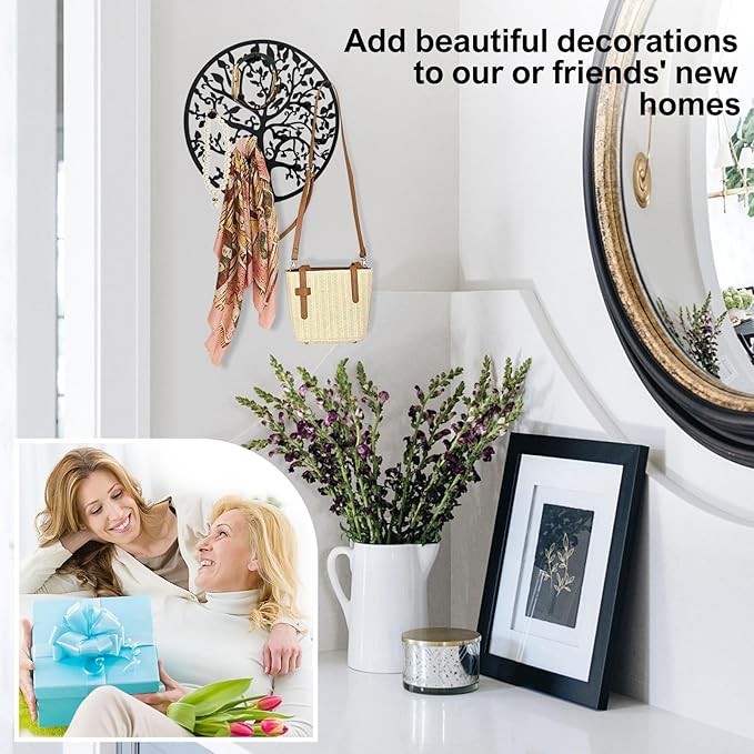 Round Decorative Home Key Holder Wall Mount, Metal Tree Car Key Rack for Wall Organizer for Keys, Wallets, Hats, Used for Decor for House Entryway, Kitchen, Garage, Office (8" Black)
