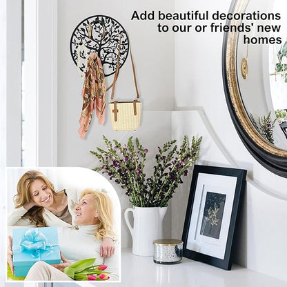 Round Decorative Home Key Holder Wall Mount, Metal Tree Car Key Rack for Wall Organizer for Keys, Wallets, Hats, Used for Decor for House Entryway, Kitchen, Garage, Office (8" Black)