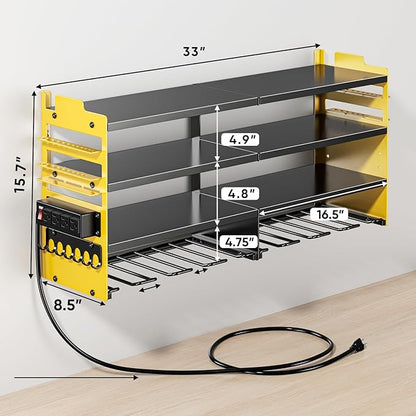 Large Power Tool Organizer Wall Mount with Charging Station,4 Layer Heavy Duty Metal Storage Rack Loads 600lbs with 8 Cordless Drill Holder,Battery Utility Rack Gift for Garage workshops Room