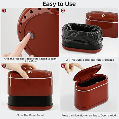 Mini Trash Can for Desk with 5 Rolls of Trash Bags, Small Press-Top Countertop Garbage Bin, Removable Waste Basket for Bedroom, Vanity, Coffee Table, Kitchen (Red Full-Lid)