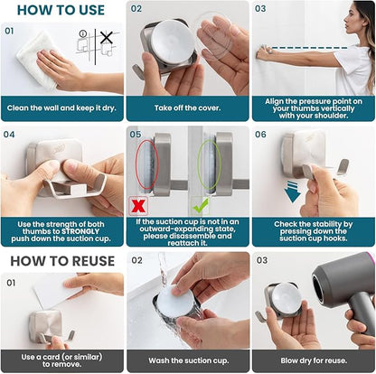 TAILI Patented Strong Suction Cup Hook, 304 Stainless Steel Bathroom Suction Cup Holder for Towel, Loofah, Bathrobe, Damage-Free Hanging Shower Wall Hook, Double-Hook Widening Design, 2 Pack, Silver