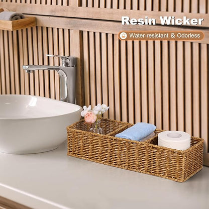 Resin Wicker Toilet Basket - Water-Resistant 2-Pack 3-Sections｜Toilet Tank Organizer for Bathroom Farmhouse