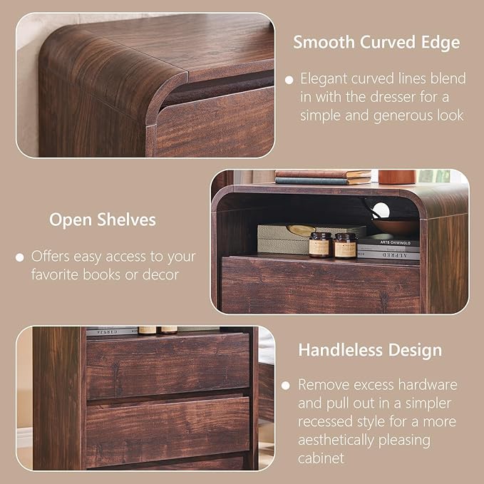 Aitjunz 25" Tall Modern Nightstand with Charging Station, 23.6'' Wide Wood Bedside Table w/2 Storage Drawers, Large Mid Century End Table for Bedroom, Living Room, Curved Profile Design, Brown