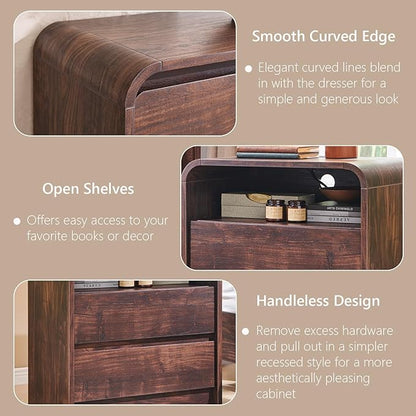 Aitjunz 25" Tall Modern Nightstand with Charging Station, 23.6'' Wide Wood Bedside Table w/2 Storage Drawers, Large Mid Century End Table for Bedroom, Living Room, Curved Profile Design, Brown