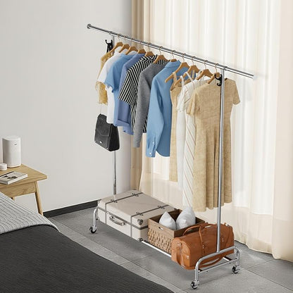 Standard Clothing Garment Rack with Wheels, 47.05" to 65.94" Adjustable Chrome Clothes Rack for Hanging Clothes, Portable Rolling Clothing Rack with Lockable Casters for Bedroom, Laundry Room