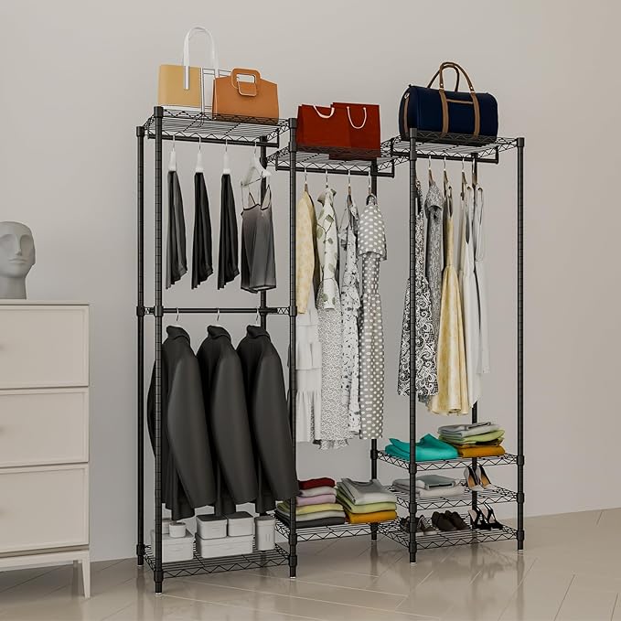 Portable Clothes Rack Max Load 900LBS | Heavy Duty Closet Wardrobe | 68.1" W x 14.6" D x 76.3" H | Freestanding Clothing Rack with 4 Hang Rods & 8 Shelves | Black