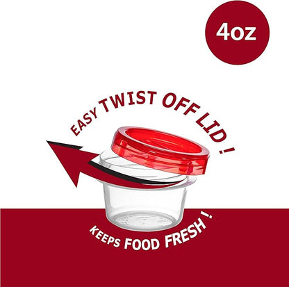 ELEGANT DISPOSABLES (4 Ounce 20 Pack) Twist cap Containers Clear Bottom With Red Top Screw on Lids Twist Top Food Storage Freezer Containers