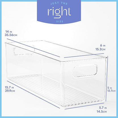 primebox Plastic Food Storage 6 Pack Clear Container Bin with Handles for Organizing Kitchen, Pantry, Fridge, Freezer, Pantry, Bathroom. 14"x6"5"