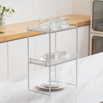 2pk Kitchen Cabinet Shelf Counter Organizer Rack Pantry Storage Bathroom Bedroom Office Table Desk Space Saving Steel Frame Stackable Rust Resistant Non Slip White-Tall- L13in W8.3in H9.5in