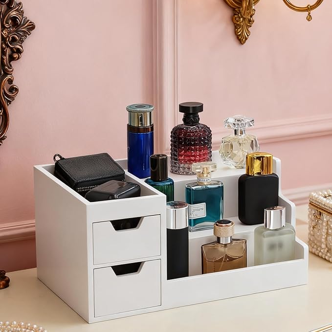 UUyuality Countertop Perfume & Makeup Organizer - Wooden Rack, Cologne Stand Shelves & Skincare Organizer for Bedroom Dresser, Organizador de Perfumes Estante para Perfumes (White, 01)