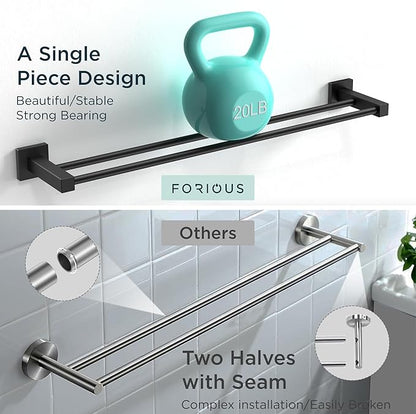 FORIOUS Black Double Towel Bar 24 Inch, Double Towel Racks for Bathroom Wall, Heavy Duty SUS304 Stainless Steel Square Dual Towel Bar Wall Mount, Matte Black