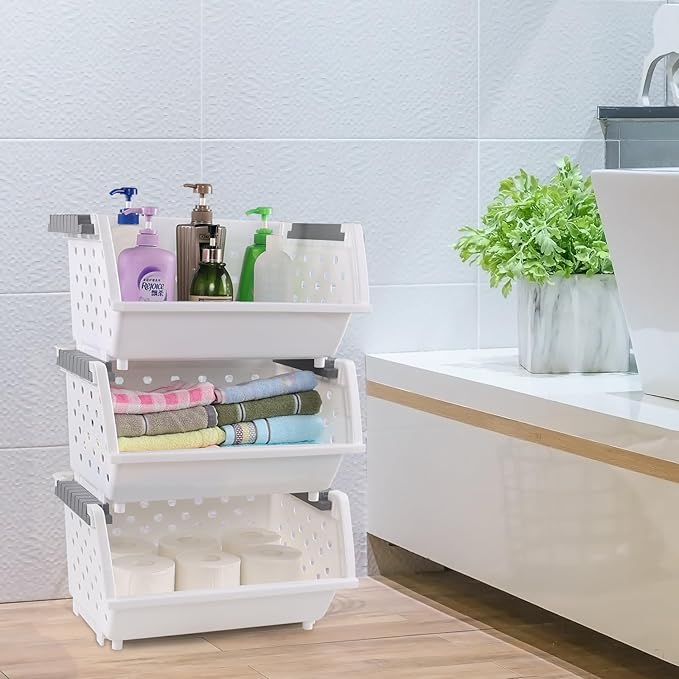 4 Pack White Large Plastic Stackable Storage Bins, Organizer Kitchen Stacking Basket Bin