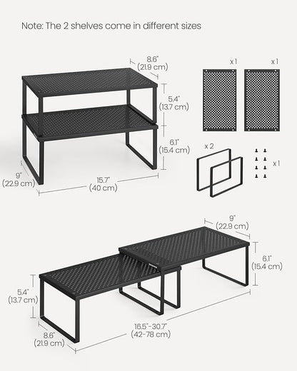 SONGMICS Spice Racks, Set of 2 Metal Cabinet Shelf Organizers, Countertop Organizers, Shelf Risers, Stackable, Expandable, Ink Black UKCS401B01