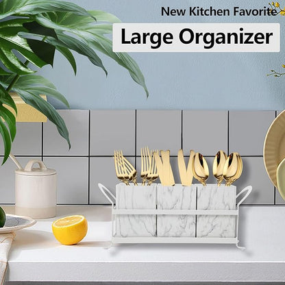 Kitchen Utensil holder for Countertop, Silverware Caddy,Marble White Cutlery Holder Utensils Organizer for Party Gatherings, Metal and Durable Design