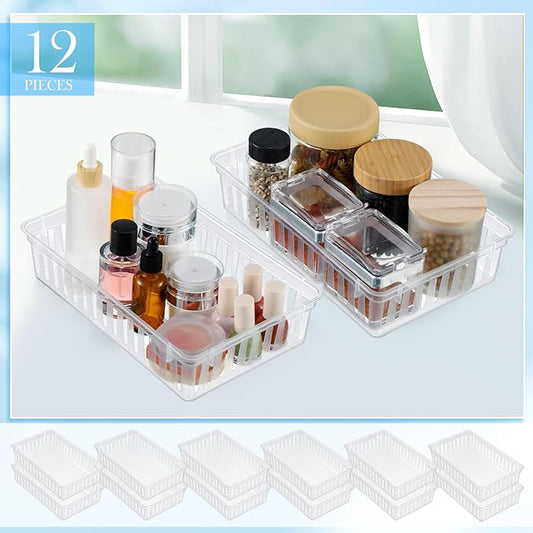 Wenqik Set of 12 Plastic Baskets for Organizing 10.24 x 6.5 x 2.36 Inch Rectangular Trays Plastic Organizer Bins Rectangle for Desk Organization(Clear)
