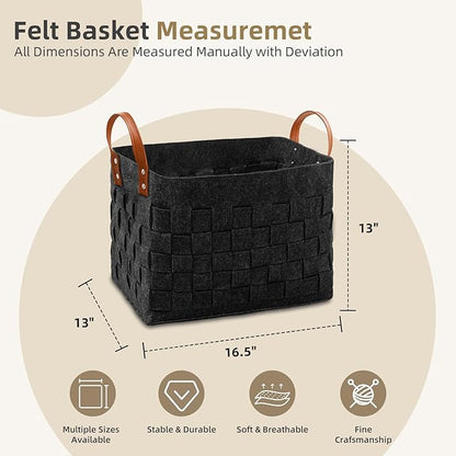 boldmonkey Laundry Basket 16.5 " x13 x13 , Large Rectangular Blanket Basket with Leather Handle, Felt Storage Basket for Living Room, Nursery, Dog Toys-Dark Gray