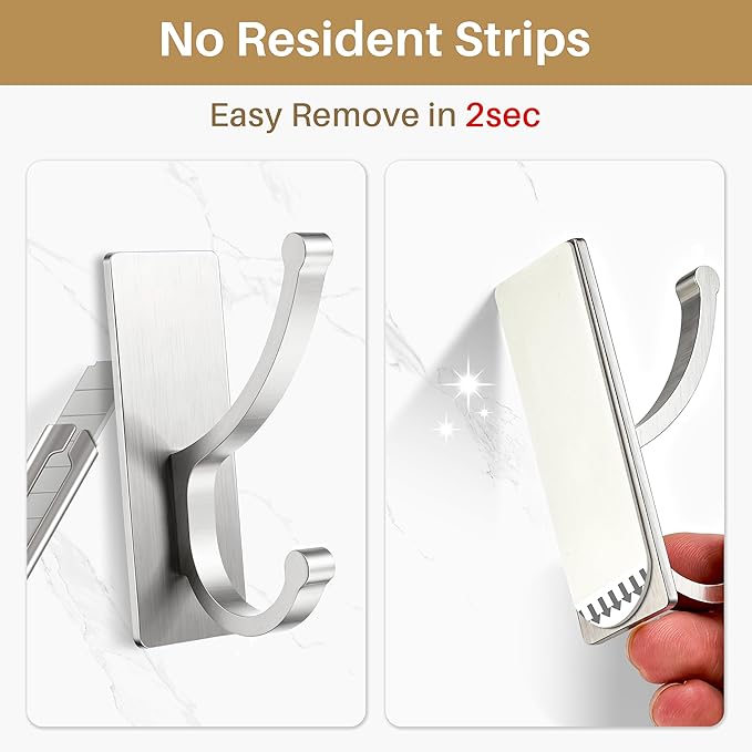 pickpiff Adhesive Wall Hooks with Strip - No Residue, Easy to Remove, Strong Heavy Duty Sticky Towel Hook, 4 Pack Silver