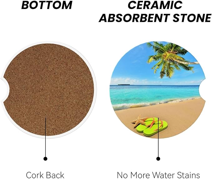 Beach Ocean Palm Tree Starfish Flip Flops Car Cup Holder Coaster 2 Pack Absorbent Ceramic Car Coasters for Cup Holders Car Accessories Interior Anti Slip Cork Base Cup Coasters with Finger Notch