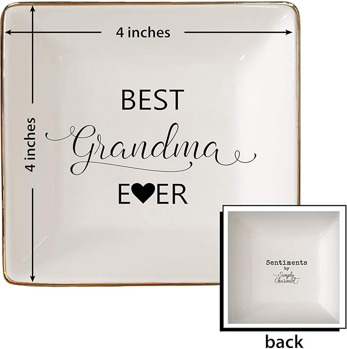 Simply Charmed Best Grandma Ever - Valentine's Day Gift – Ceramic Jewelry Dish, Ring Holder, Trinket Tray – Elegant Birthday Gift for Grandmother