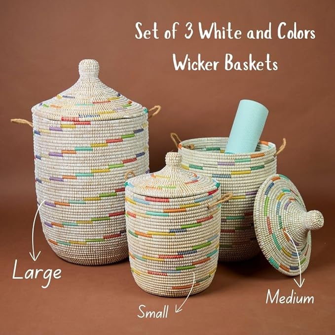 Colorful White Basket for Decor, Organizing, Storage - Living Room Blankets, Nursery Toys, Laundry, Towels, Pillows, Comforter, Cushions - Wicker, Woven, Round, Lid, Handles, Set, 3pcs