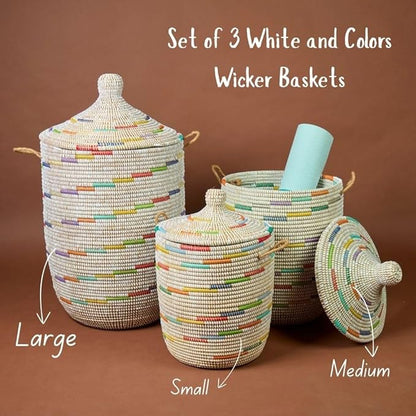 Medium Colorful White Basket for Decor, Organizing, Storage - Living Room Blankets, Nursery Toys, Laundry, Towels, Pillows, Comforter, Cushions - Wicker, Woven, Round, Lid, Handles