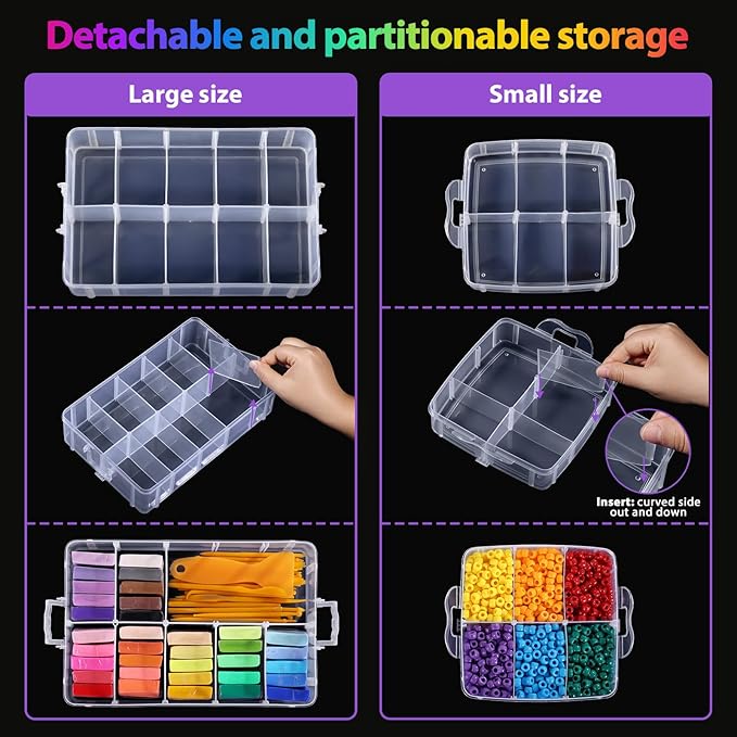 Bead Organizer, 2 Pack Craft Storage with Removable Dividers, Clear 3-Tier Plastic Organizer Box, Small Parts Organizers for Jewelry, Art, DIY Crafts, Kids Toys, Small Items