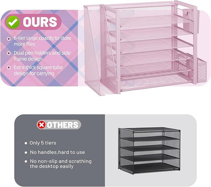 Simple Trending 6 Tier Desk File Organizer, Paper Letter Tray Organizer with File Holder and Pen Container, Pink