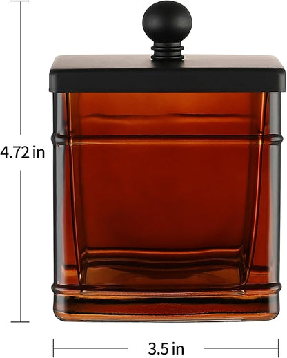 Indecor Home Amber Glass Cotton Jar Holder – Black Lid Elegant Bathroom Storage Canister for Qtips, Cotton Balls, Floss, Makeup Organizer, Vanity & Bathroom Organization