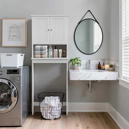 GORZING Over The Toilet Storage Cabinet, Behind Toilet Bathroom Organizer with Adjustable Shelves, Above Toilet Organizers with Barn Door, Space Saver for Restroom, Bathroom, Laundry