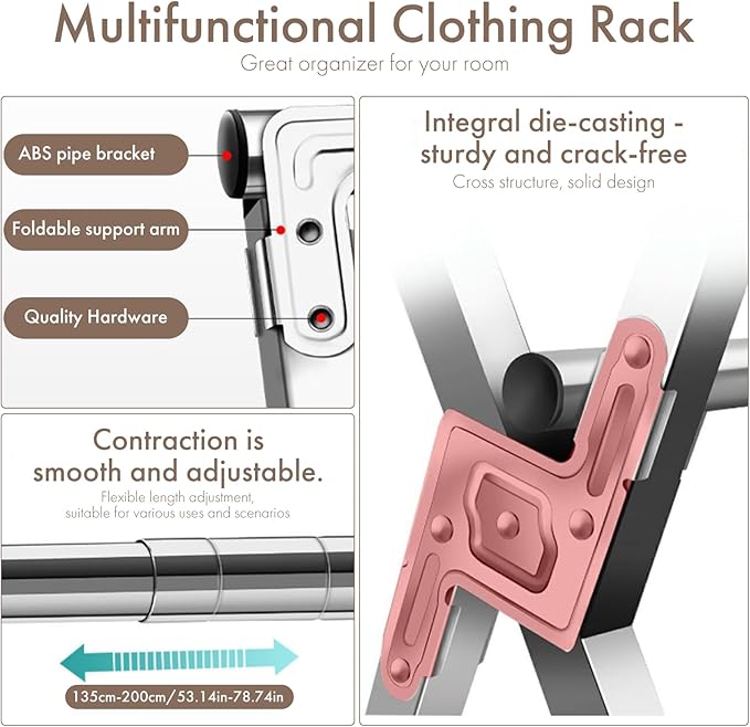 Extendable Clothes Drying Rack - Foldable Double Rod (135-200cm), 30 Hooks, Thickened Steel, Stable for Balcony/Bedroom/Outdoor，Drying Rack Clothing，Clothes Rack，Garment Rack，Double Rod Clothing Rack