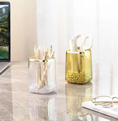 Acrylic Pen Holder, Cute Clear Gold Desk Organizer for Pencils, Makeup Brushes Toothbrushes with Striped Design for Vanity Bathroom Storage Cup