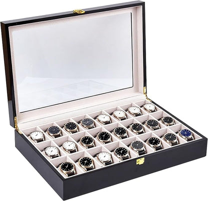 Baojulong 24-Slot Black Wooden Watch Box, Watch Organizer with Clear Lid, Ideal for Watches