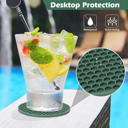 Silicone Coaster Set of 12 with Holder, Drinks Coasters, Beer & Coffee, Suitable for All Cups, Hot or Cold, Anti-Slip, Non-Stick, Anti-Overflow Tabletop Protection and Decor (12 Pcs, Green)