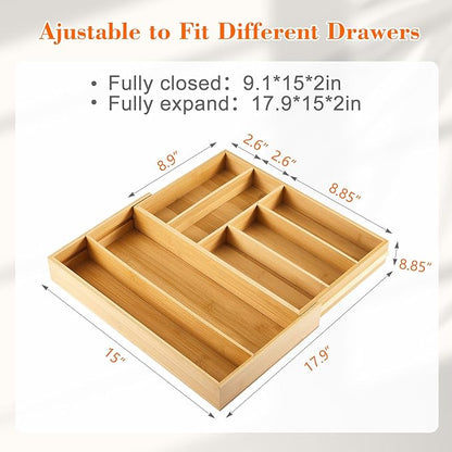 Briwooody 1 Pcs Bamboo Drawer Organizer 9'' up to 18'' x 15'' x 2'' Expandable Drawer Organizer Pens Notebook Ruler Makeup Tray with 7 Adjustable Compartments for Desk Office Kitchen Bathroom(Wood)