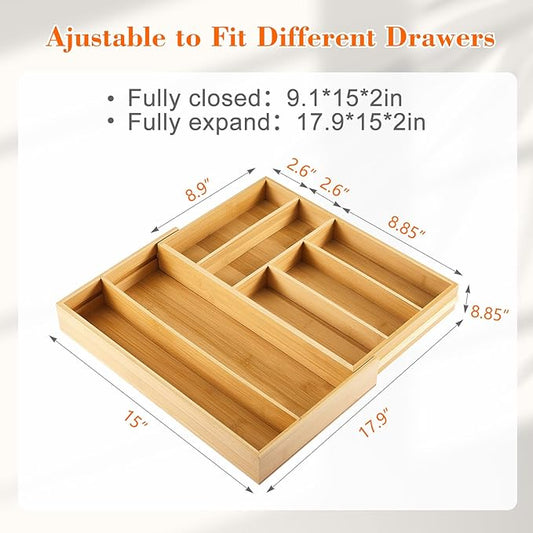Briwooody 1 Pcs Bamboo Drawer Organizer 9'' up to 18'' x 15'' x 2'' Expandable Drawer Organizer Pens Notebook Ruler Makeup Tray with 7 Adjustable Compartments for Desk Office Kitchen Bathroom(Wood)