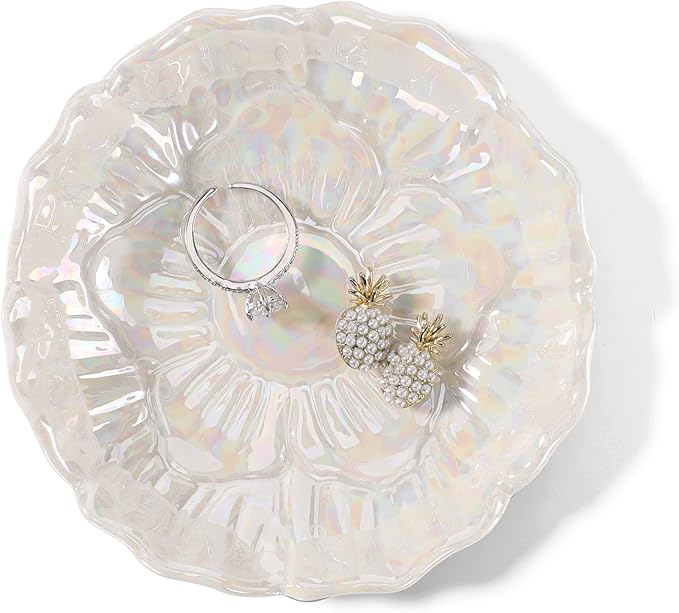 YZMICSTAR Flower Ring Dish Holder,Jewelry Dish Tray,Small Trinket Tray,Jewelry Plate Bowl,Key Bowl,Decorative Plate,Birtdhay Christmas Gifts for Women Friends,Ceramic Pearl White