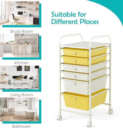 Happygrill 6-Drawer Organizer Cart Tools, Mobile Utility Storage Cart with Removable Drawers & Lockable Wheels, Rolling Storage Cart with Wheels for Home Office,Yellow