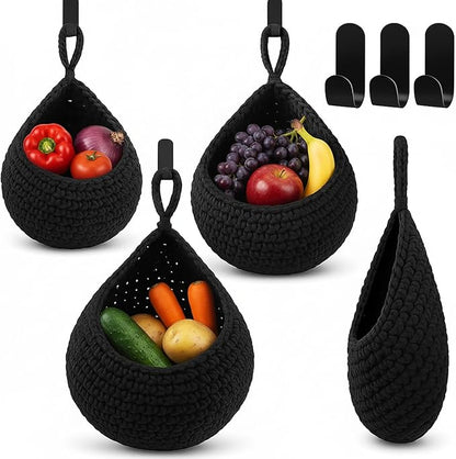 Honeydak Boho Decor Hanging Wall Baskets for Kitchen 3 Pack Teardrop Baskets with Hooks Storage Fruit Onion Vegetable Potato for Home 3 Sizes(Black,Cotton Rope)