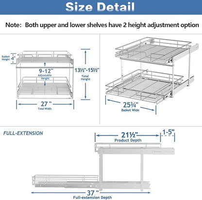 ROOMTEC Individual Pull Out Cabinet Organizer (27" W x 21½" D), 2 Tier Spice Rack Organizer for Cabinet, Slide Out Drawer Pantry Shelf Organization and Storage for Kitchen Bathroom