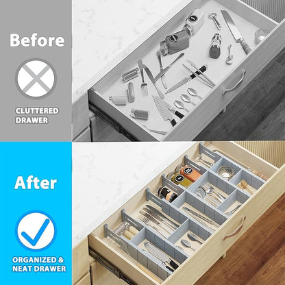 6 Pack Bamboo Drawer Dividers with 12 Inserts, Expandable Adjustable Clothes Drawer Organizers and Storage from 17" to 22" for Kitchen, Bedroom, Dresser, Cosmetics (Gray)