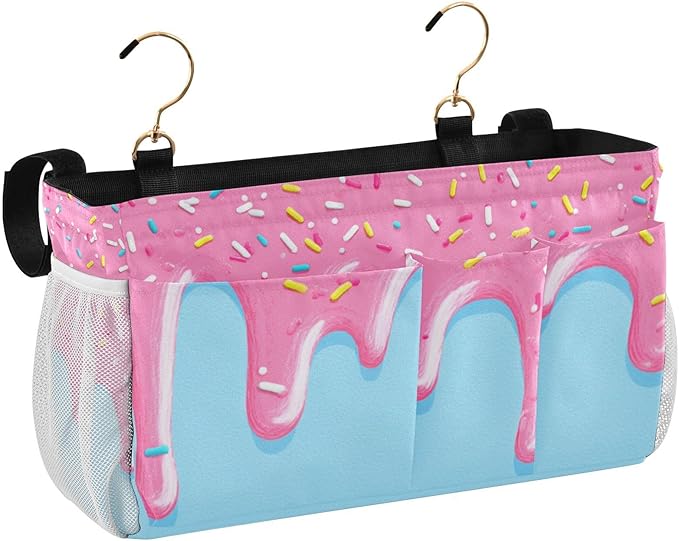 CuwrYet Bedside Caddy Hanging Bunk Bed Caddy Bed Organizer Hanging Pocket with 2 Hooks Bedside Storage Organizer Pocket Bag Holder Cartoon Dripping Frosting