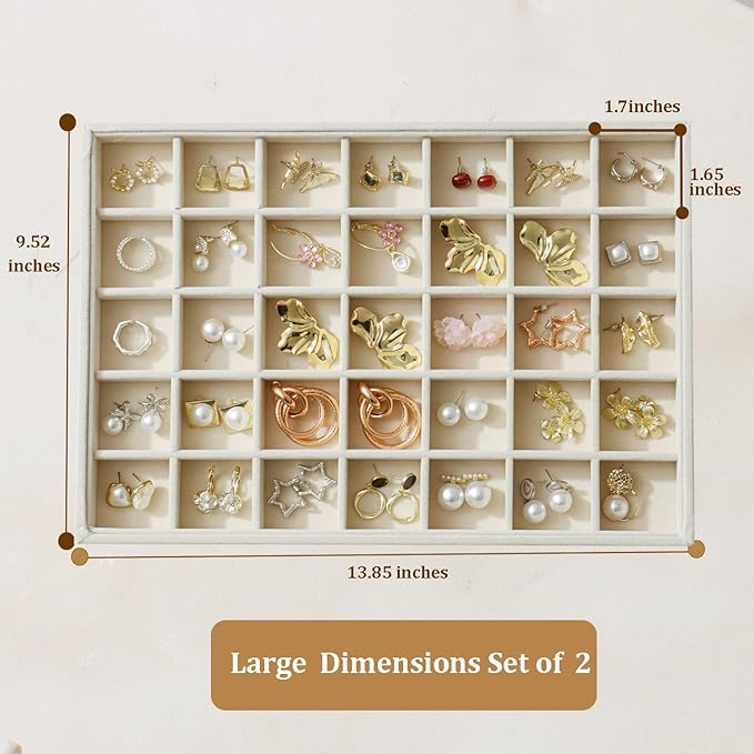 KATISYIO Large Velvet Jewelry Tray 2 Pack Stackable Jewelry Display Drawer Inserts Trays Organizer for Earring Bracelet Necklace Ring (Beige, 35 Grids)