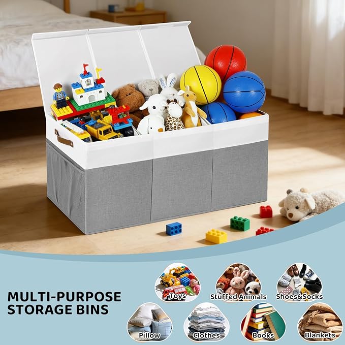 Extra Large Toy Chest, Foldable Storage Box, Large Storage Bins With Lids, Suitable for living rooms, studies, bedrooms(40"X18"X14",White & Grey)