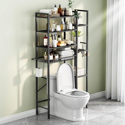 Kalrin 8-Tier Over The Toilet Storage with Side Rack, Over Toilet Storage Rack with Adjustable Shelf & Drain Basket, Freestanding Bathroom Organizer for Balcony, Laundry (Pure Black)