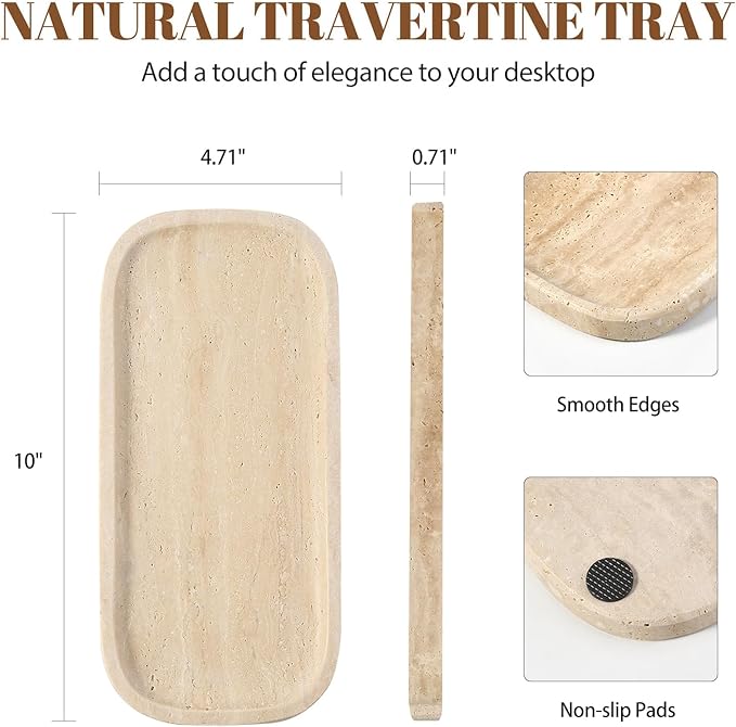 Koville Travertine Tray, 10"x5" Marble Vanity Tray for Bathroom Countertop Kitchen Sink, Rectangular Stone Tray for Perfume Fragrance, Decorative Catchall Tray Jewelry Cosmetics Organizer(Beige)