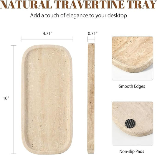 Koville Travertine Tray, 10"x5" Marble Vanity Tray for Bathroom Countertop Kitchen Sink, Rectangular Stone Tray for Perfume Fragrance, Decorative Catchall Tray Jewelry Cosmetics Organizer(Beige)