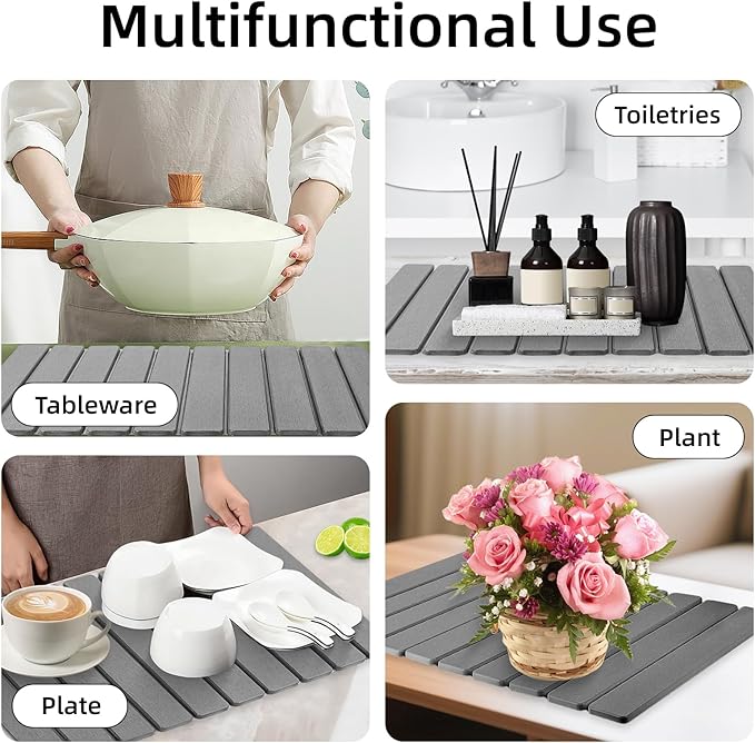 Hoborato Stone Dish Drying Mat,24"(L)×16"(W) - Fast-Drying, Collapsible Kitchen Counter Mat for Dishes, Cups & Bottles with Sanding Tool + Placemat, Dark gray