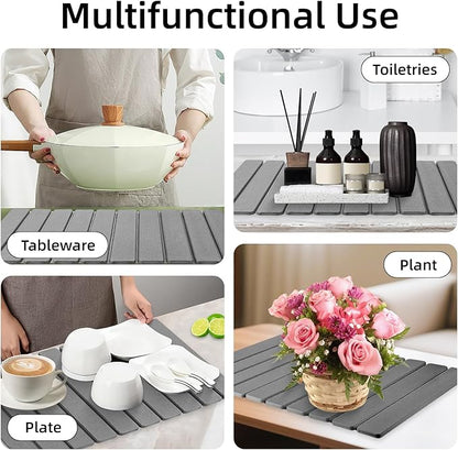 Hoborato Stone Dish Drying Mat,24"(L)×16"(W) - Fast-Drying, Collapsible Kitchen Counter Mat for Dishes, Cups & Bottles with Sanding Tool + Placemat, Dark gray